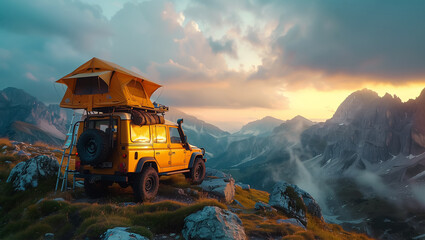 A yellow off-road vehicle with rooftop tent parked on cliff overlooking majestic mountain scenery at sunset. Adventure camping in wilderness with breathtaking views of rugged peaks and dramatic clouds