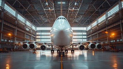 comprehensive commercial aircraft maintenance and meticulous service conducted in a spacious aviation hangar - obrazy, fototapety, plakaty