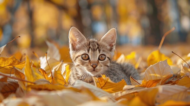 adorable feline pets playing in cheerful autumn garden with yellow leaves