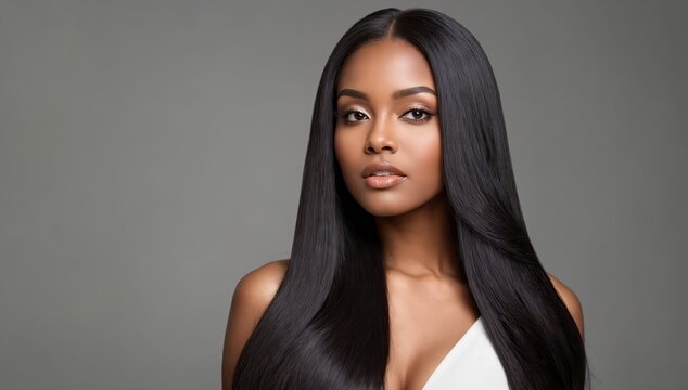 Salon hair coloring. Fashion African American woman with straight long shiny dark hair. Beauty and hair care concept. Banner with copy space. Ai generation