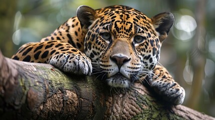 Fototapeta premium leopard resting peacefully on tree branch, predatory jaguar in natural habitat
