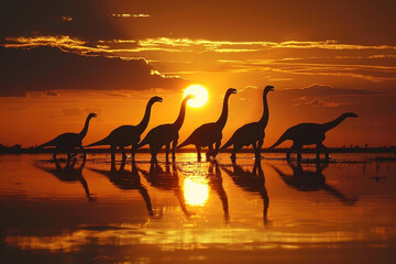A group of dinosaurs are walking across a body of water at sunset
