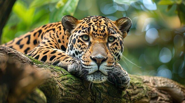 majestic leopard rests on thick tree limb, wild predator of the jungle canopy