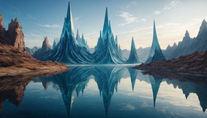 Ethereal landscape of towering ice spires reflected in a tranquil water surface, creating a mirror image of the surreal, spiky formations under a clear blue sky. - obrazy, fototapety, plakaty
