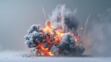 A large black cloud of smoke rises from a burning building in the city ,A Violent Dynamite or C4 Explosion on a White Background, Orange Flame and Gray Smoke - obrazy, fototapety, plakaty