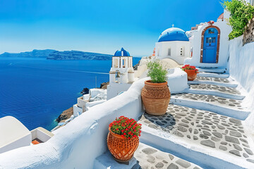 Blue domes overlooking the Aegean Sea in Santorini Greece
