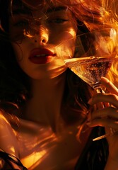 A beautiful woman holding a fancy cocktail. Moody and dark atmosphere.