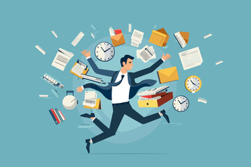 Productive businessman tackles multiple tasks simultaneously, showcasing the art of effective multitasking and time management, a concept of maximizing efficiency in the workplace