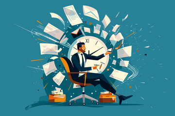 Productive businessman tackles multiple tasks simultaneously, showcasing the art of effective multitasking and time management, a concept of maximizing efficiency in the workplace
