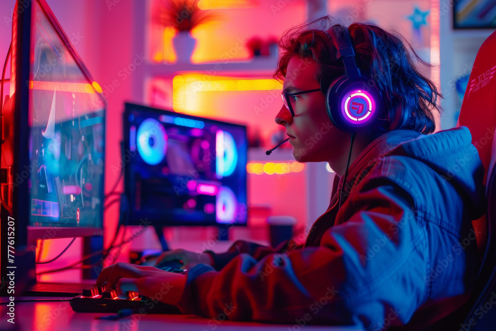 Poster a man is playing a video game with two monitors and a headset