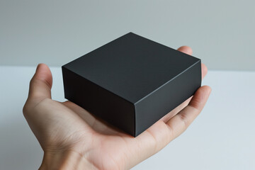 A person's hand gracefully holds a simple, elegant black paper mockup box against a neutral background, highlighting the clean design suitable for presentation