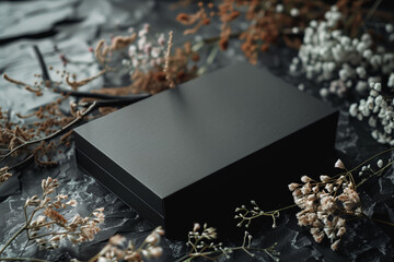 A minimalist black box on a textured black surface creates a sophisticated vibe, with muted dried flowers adding a touch of natural elegance to the composition