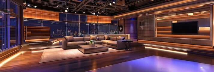 Modern news studio where twinkling lights softly illuminate luxurious sofas and sleek modern decor