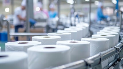 Toilet paper production, where toilet paper rolls are neatly arranged on a conveyor belt - obrazy, fototapety, plakaty