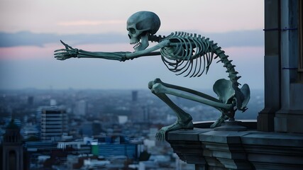 Sculpture of skeletal figure on building ledge representing the transience of life. Concept Art Installation, Symbolism, Architecture, Transience, Skeleton Figure - obrazy, fototapety, plakaty