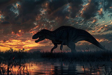 A large dinosaur is walking through a field at sunset