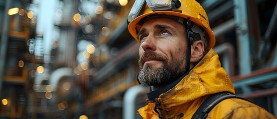 Worker in protective gear at oil refinery showcases safety and human element. Concept Oil Refinery, Worker Safety, Protective Gear, Human Element, Industrial Environment