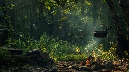 In the forest, a black saucepan swings gently over a flickering fire