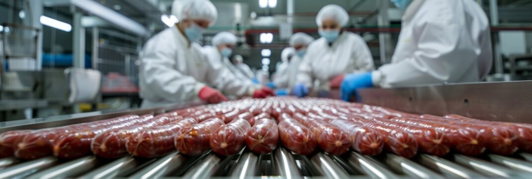 Links of freshly prepared sausages slide along a conveyor belt in a busy workshop