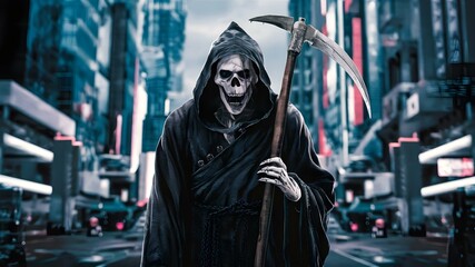 Exploring symbolism of Grim Reaper in urban setting representing death personifie. Concept Symbolism, Grim Reaper, Urban Setting, Death Personified, Exploration - obrazy, fototapety, plakaty