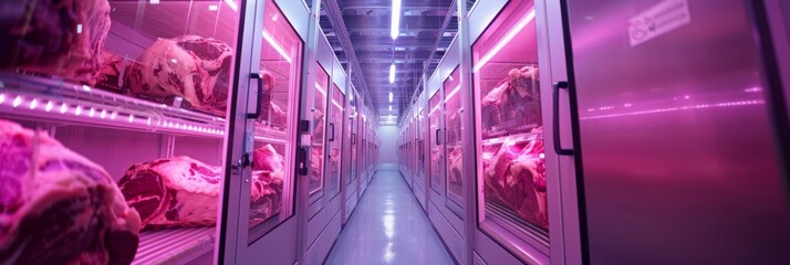 Refrigeration chamber illuminates the orderly arrangement of frozen cow carcasses