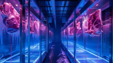 Refrigeration chamber illuminates the orderly arrangement of frozen cow carcasses - obrazy, fototapety, plakaty