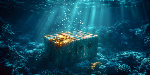 Underwater Treasure Chest,Beautiful opened empty old wooden treasure chest submerged underwater world with anchor amphora and light rays close up - obrazy, fototapety, plakaty