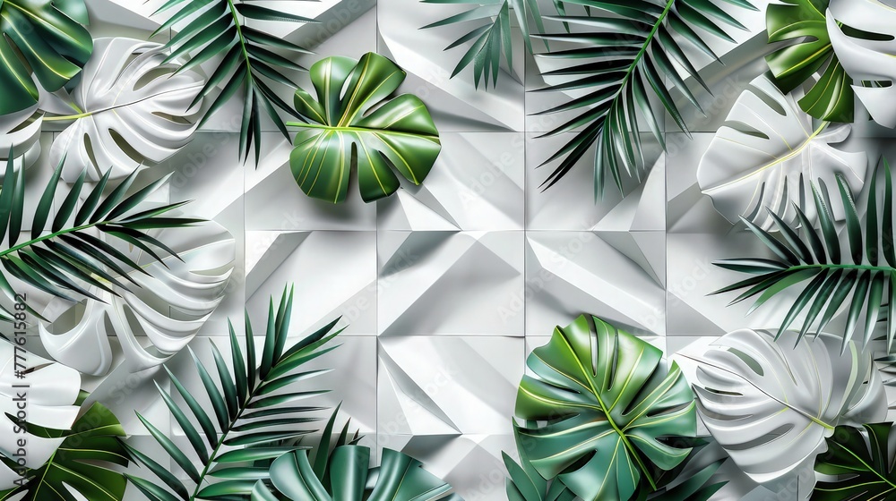 Poster a modern wall texture where 3d tiles form a geometric pattern of white and green palm leaves. the co