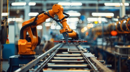 Furniture factory. Automated furniture production. Automated arm. Robot makes furniture