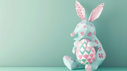 A paper rabbit is holding a colorful Easter egg and a beautiful flower to celebrate the happy event of Easter. The creative arts of plant and organism adaptation can be seen in this artwork AIG42E