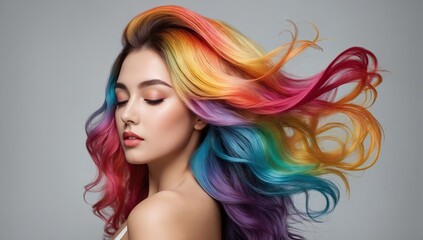 Salon hair coloring. Fashion young Caucasian woman with long shiny rainbow multicolored hair flowing. Banner of beauty and hair care. Ai generation - obrazy, fototapety, plakaty