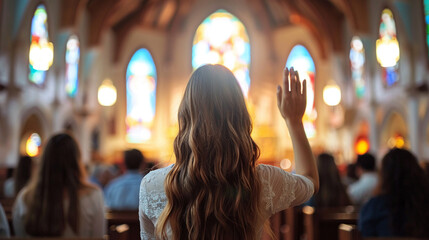 Back view of woman raised a hand to worship in the catholic church with blurry people - obrazy, fototapety, plakaty
