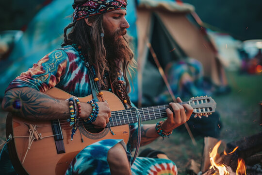 A man with long hair and tattoos is playing a guitar in front of a tent