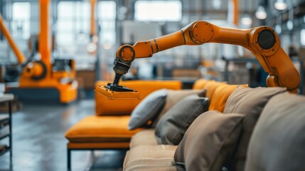 Fototapeta premium Modern furniture factory. Automated furniture production. Automated arm. Robot makes furniture