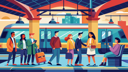 a-vector-illustration-of-people-waiting-in-a-train - obrazy, fototapety, plakaty