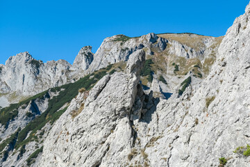 Panoramic view of majestic mountain ridges in wild Hochschwab massif, Styria, Austria. Scenic...