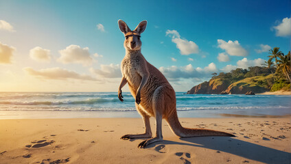 Cute kangaroo on the beach, ocean shore
