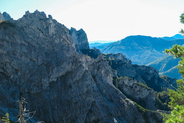 Panoramic view of majestic mountain ridges in wild Hochschwab massif, Styria, Austria. Scenic hiking trail along unique rock formations. Wanderlust in remote Austrian Alps in summer. Nature escapism