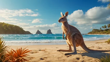 Fotobehang Cute kangaroo on the beach, ocean shore © tanya78