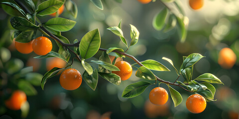 Fresh ripe oranges on the tree in the garden, Exquisite assortment of succulent orange fruits adorned by verdant green leaves portraying the bounty of a seasonal harvest and setting a captivating .
