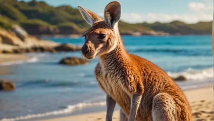 Fotobehang Cute kangaroo on the beach, ocean shore © tanya78