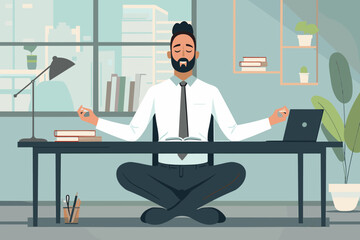 Serene businessman finds inner peace and clarity through mindful meditation at his desk, taking a mental break to practice self-care and reduce workplace stress