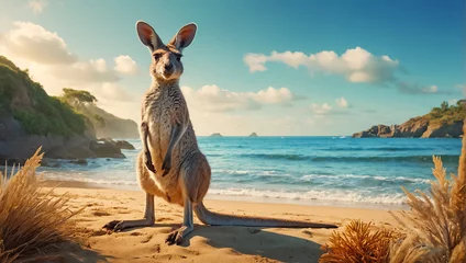 Gordijnen Cute kangaroo on the beach, ocean shore outdoor © tanya78