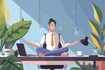 Serene businessman finds inner peace and clarity through mindful meditation at his desk, taking a mental break to practice self-care and reduce workplace stress
