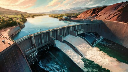 An expansive view of a hydroelectric dam, with water flowing through turbines