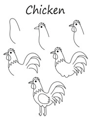 How to draw back view of chicken vector illustration. Draw a funny chicken step by step. chicken drawing guide. Cute and easy drawing guidebook.