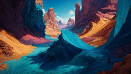 This vibrant artwork imagines a surreal landscape where a river weaves through a colorful canyon under a clear blue sky, invoking a sense of adventure and otherworldly beauty. - obrazy, fototapety, plakaty