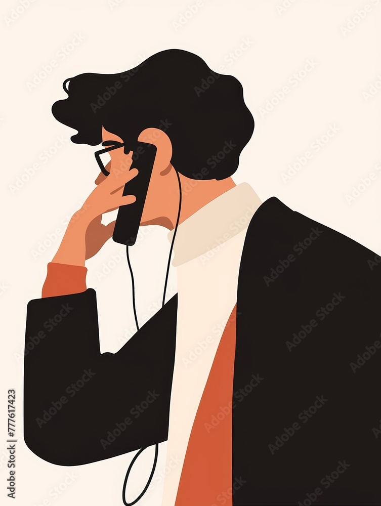 Poster minimalist illustration of a man making a call on plain background generative ai