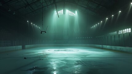 Illustrate the tranquility of an abandoned ice hockey arena illuminated by soft, ambient spotlights...