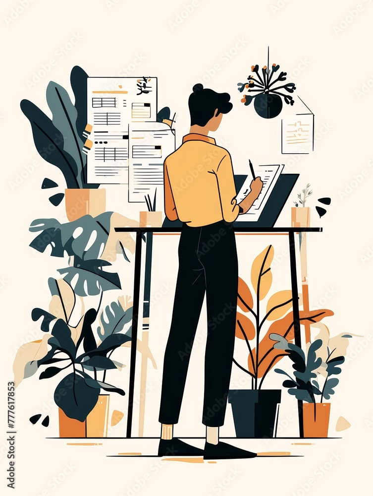 Poster man drafting a project charter illustration generative ai